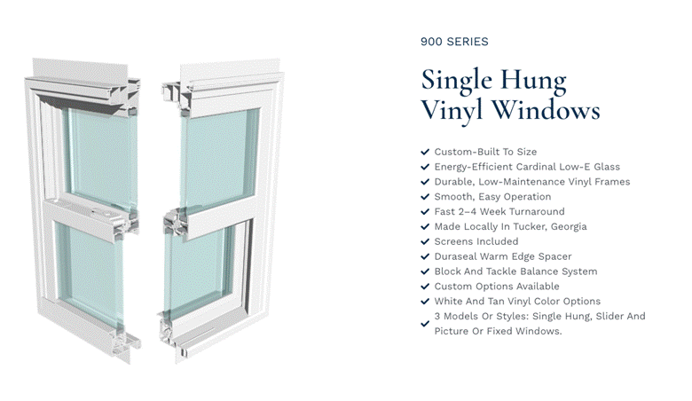 Product graphic for WindowCrafters 900 Series single-hung vinyl windows, showing a cutaway diagram alongside a feature list including custom sizing, Cardinal Low-E glass, and local manufacturing in Tucker, Georgia