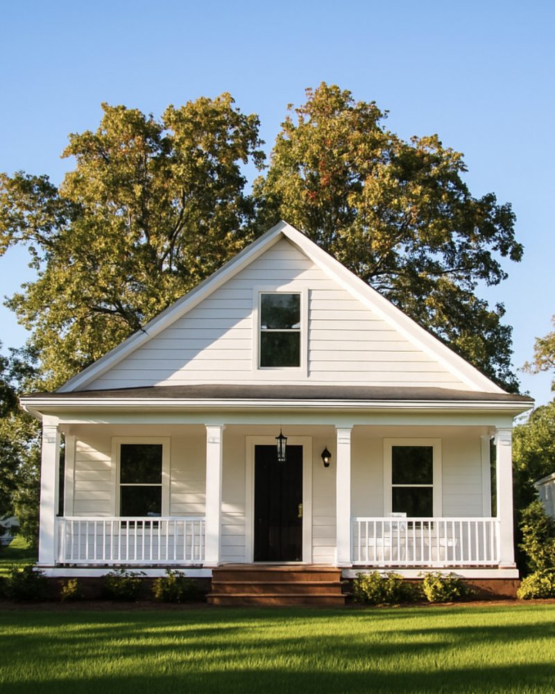 Small white cottage home with vinyl windows and front porch showcasing residential window installation