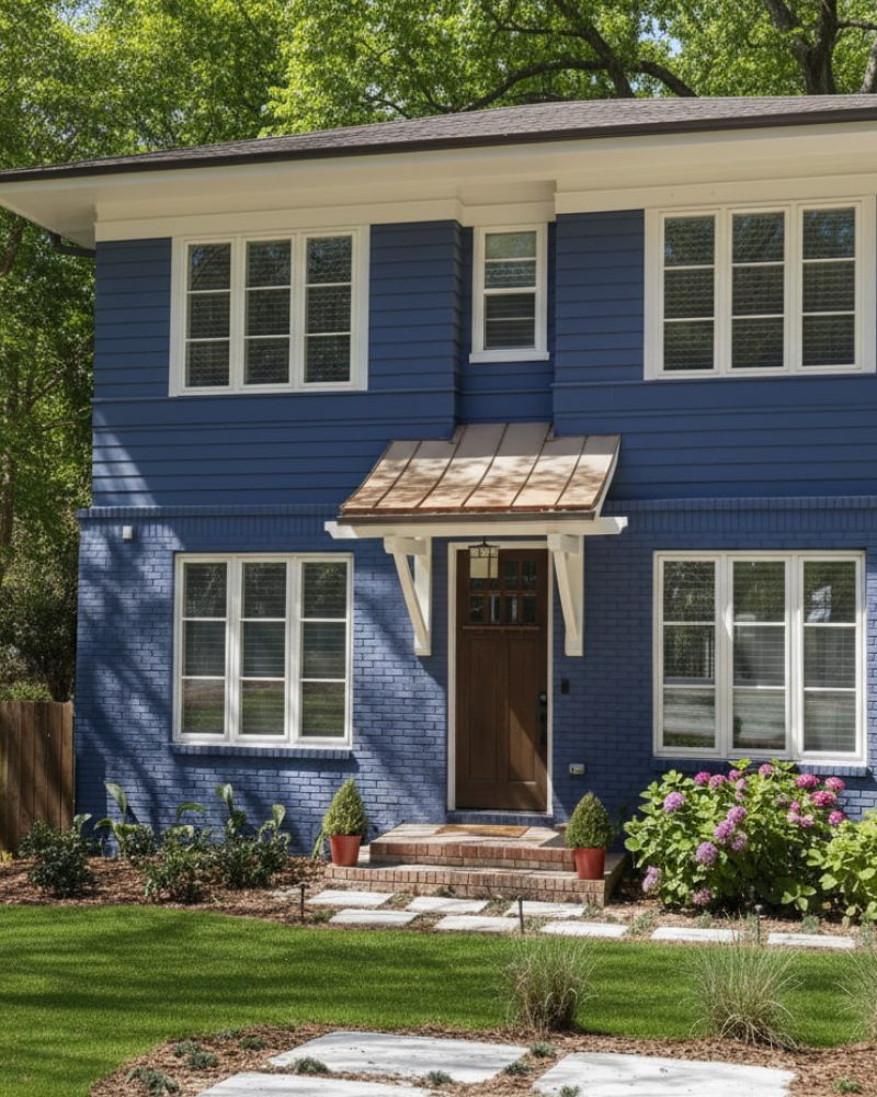 Two-story blue home with white vinyl windows and landscaped yard showcasing residential window installation