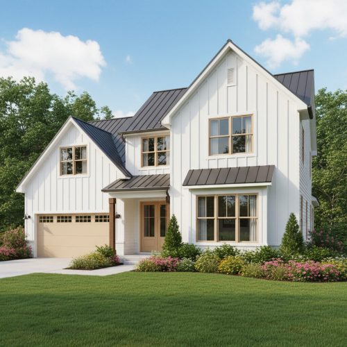 Modern farmhouse home with large vinyl windows and white board and batten siding